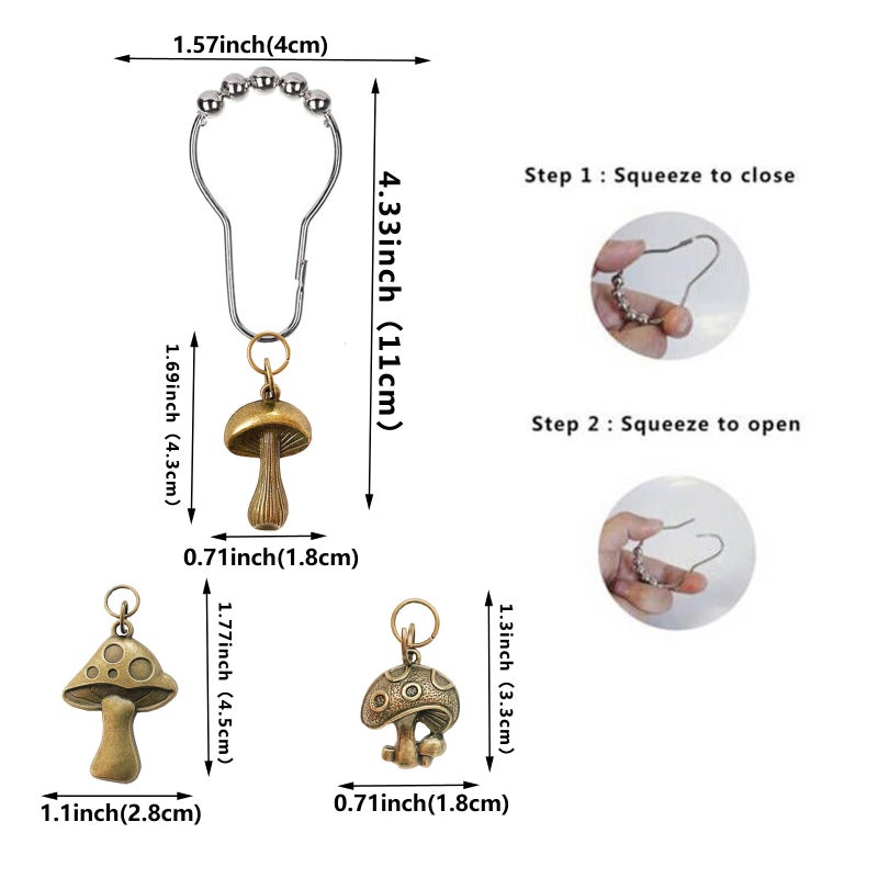 Daxingbu Mushroom Shower Curtain Hooks, 12Pcs Rustproof Metal Cute Retro Mushroom Shower Curtain Hooks Rings for Boho Fairy Forest Country Cottagecore Style Home Bathroom Decor (Bronze) - Image 2