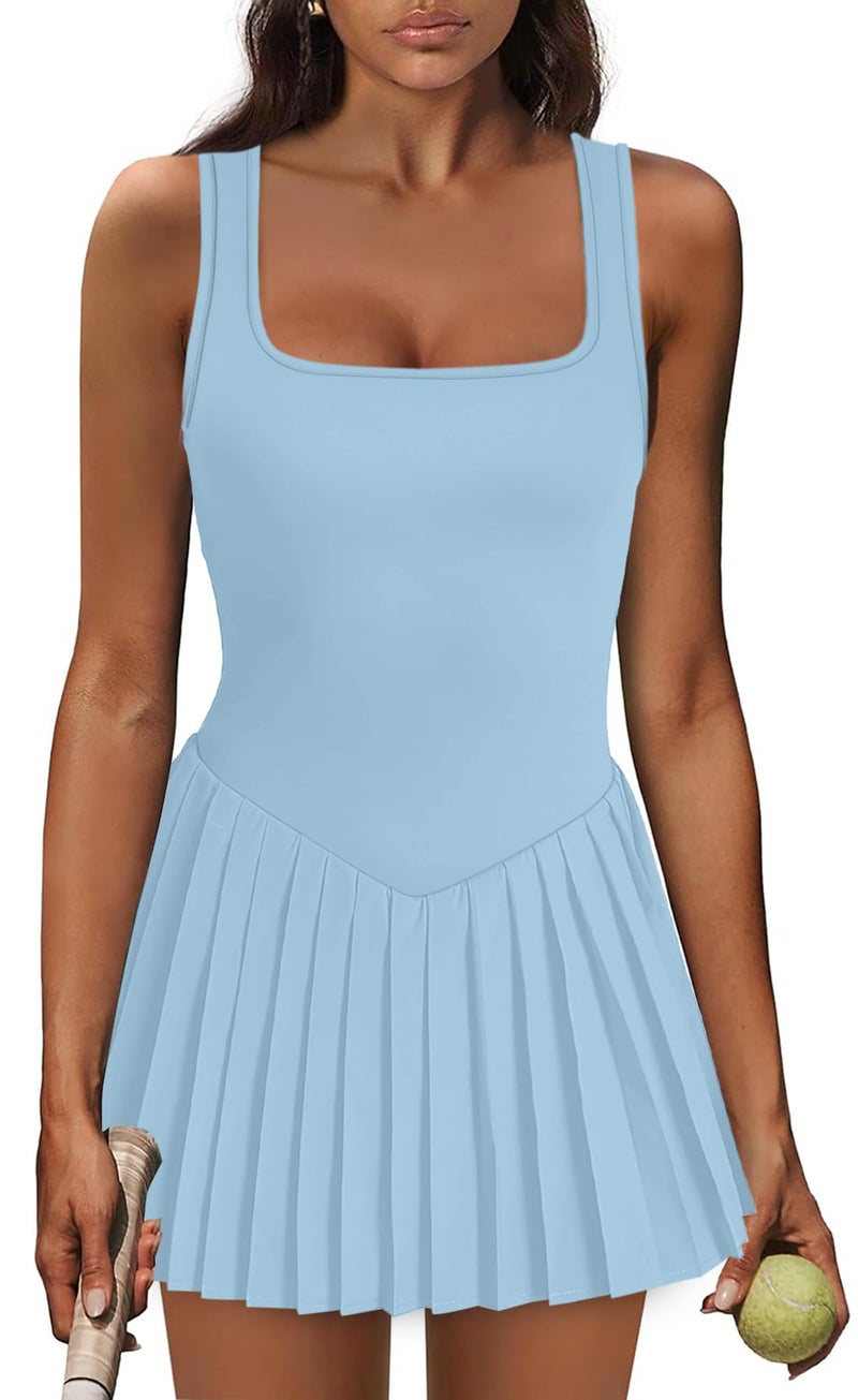 NIASHOT Womens Athletic Dress with Shorts U Neck Summer Outfits for Women 2026 Fitness Clothing Spring Dresses Tennis Dress Mini Light Blue M - Image 1