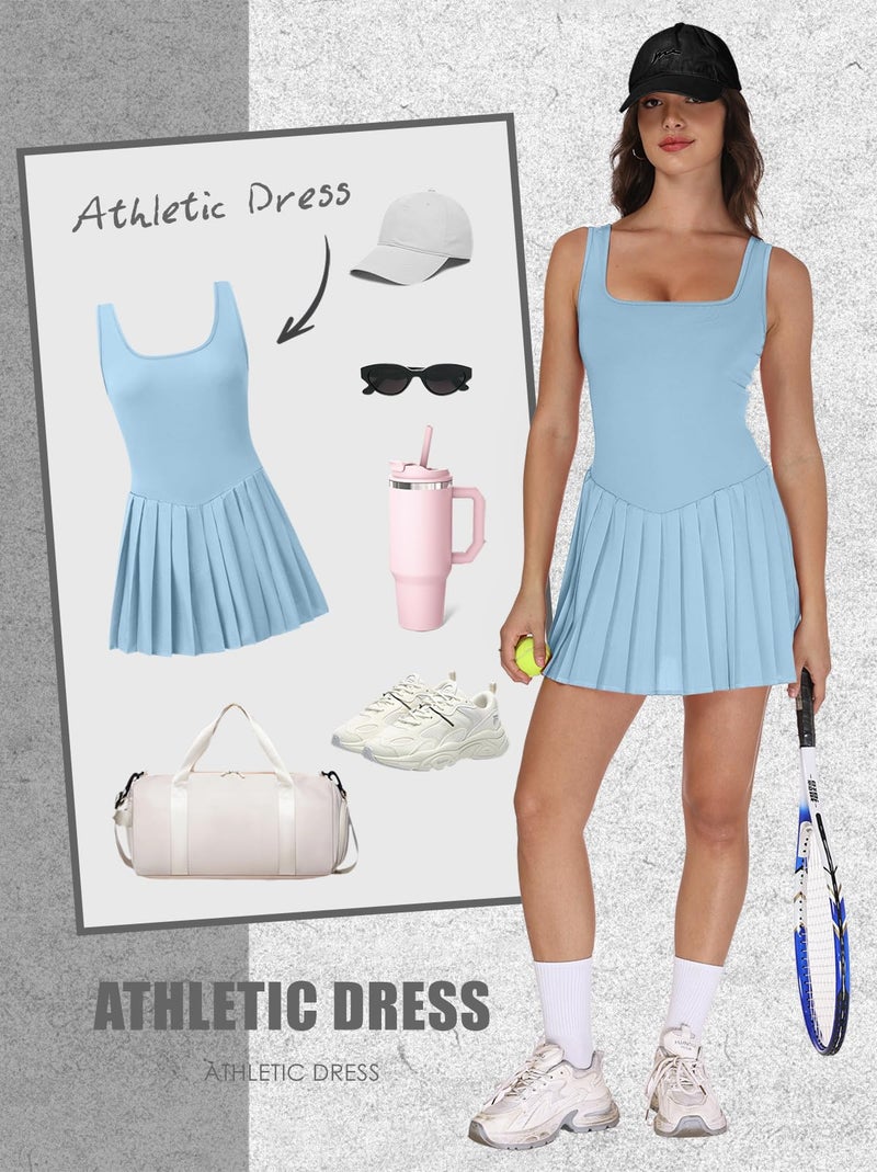 NIASHOT Womens Athletic Dress with Shorts U Neck Summer Outfits for Women 2026 Fitness Clothing Spring Dresses Tennis Dress Mini Light Blue M - Image 4