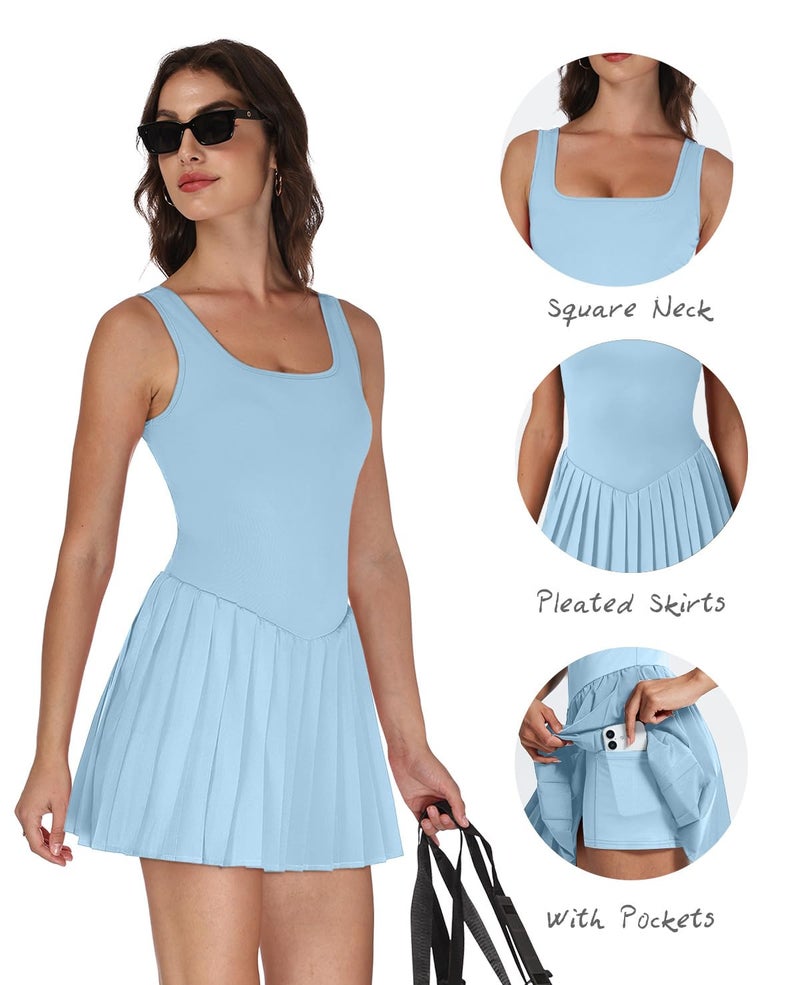 NIASHOT Womens Athletic Dress with Shorts U Neck Summer Outfits for Women 2026 Fitness Clothing Spring Dresses Tennis Dress Mini Light Blue M - Image 3