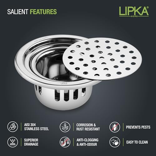 Lipka 4 Inches Round Shaped Classic Floor Water Drain with Cockroach Trap/Jali and Plain Holes, 304 Grade Stainless Steel Grating Trap Drain Cover for Rust-Free, Corrosion-Resistant, Durable (Silver) - Image 3