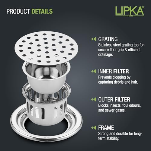 Lipka 4 Inches Round Shaped Classic Floor Water Drain with Cockroach Trap/Jali and Plain Holes, 304 Grade Stainless Steel Grating Trap Drain Cover for Rust-Free, Corrosion-Resistant, Durable (Silver) - Image 4