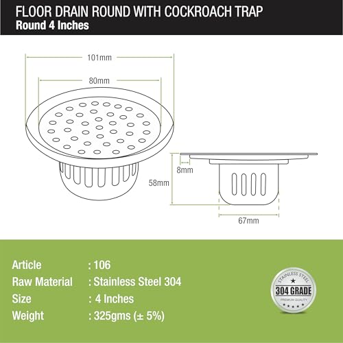 Lipka 4 Inches Round Shaped Classic Floor Water Drain with Cockroach Trap/Jali and Plain Holes, 304 Grade Stainless Steel Grating Trap Drain Cover for Rust-Free, Corrosion-Resistant, Durable (Silver) - Image 2