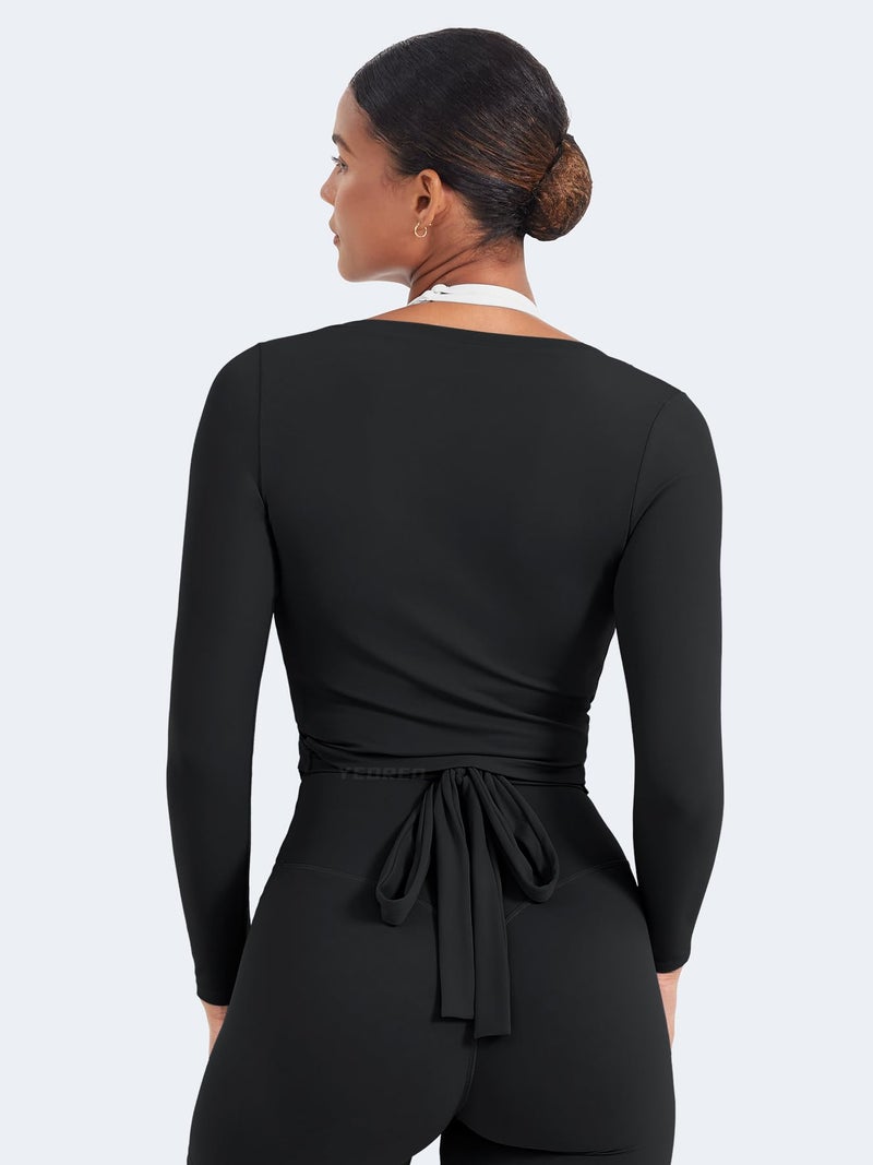 YEOREO Women Pilates Wrap Top Long Sleeve Tie Ballet Workout Yoga Shirt Michelie Y2K V Neck Cropped Tops Black S - Image 4