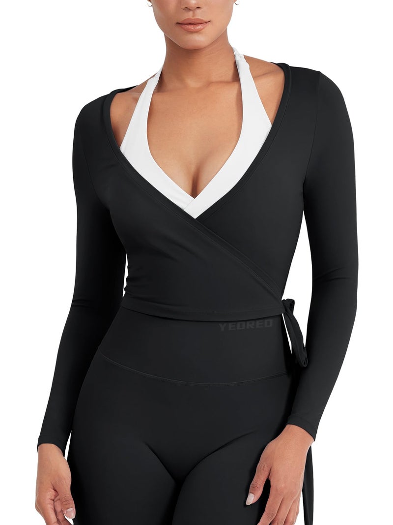 YEOREO Women Pilates Wrap Top Long Sleeve Tie Ballet Workout Yoga Shirt Michelie Y2K V Neck Cropped Tops Black S - Image 1