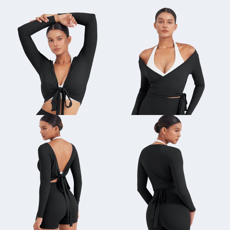 YEOREO Women Pilates Wrap Top Long Sleeve Tie Ballet Workout Yoga Shirt Michelie Y2K V Neck Cropped Tops Black S - Image 5