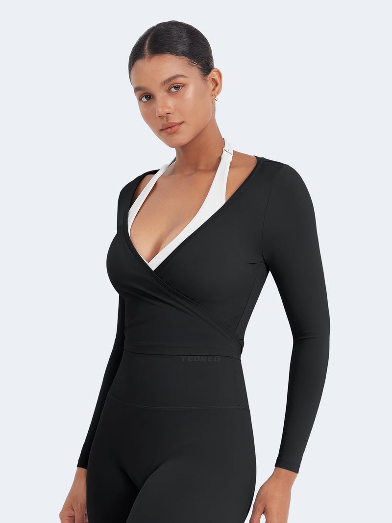 YEOREO Women Pilates Wrap Top Long Sleeve Tie Ballet Workout Yoga Shirt Michelie Y2K V Neck Cropped Tops Black S - Image 3