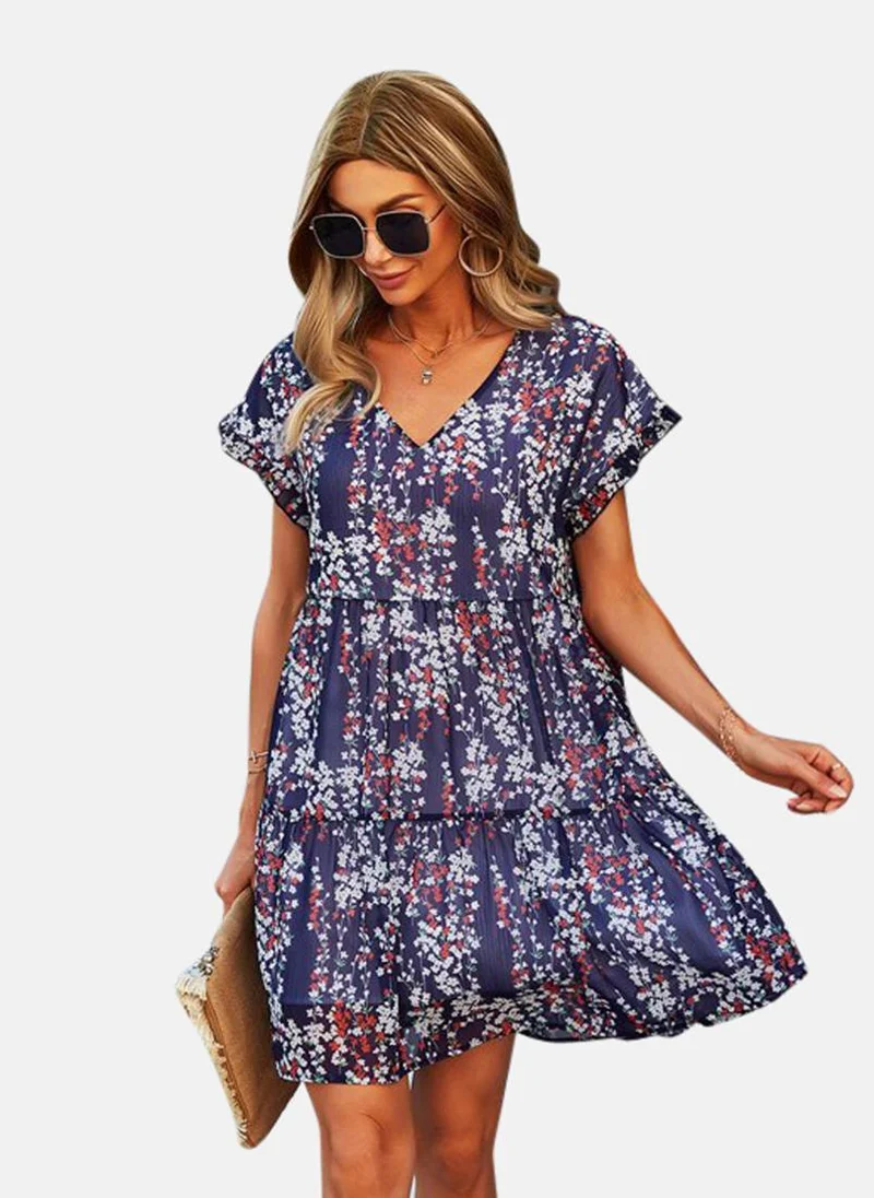 يونيكي Blue Printed Fit and Flare Above Knee Dress
