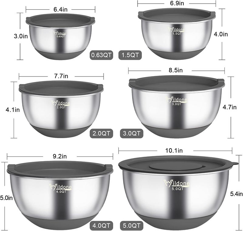 Wildone Mixing Bowls with Airtight Lids, 22 PCS Stainless Steel Mixing Bowls Set, 3 Grater Attachments, Measurement Marks & Non-Slip Bottom, Size 5, 4, 3, 2,1.5, 0.63QT, Ideal for Mixing & Prepping - Image 2