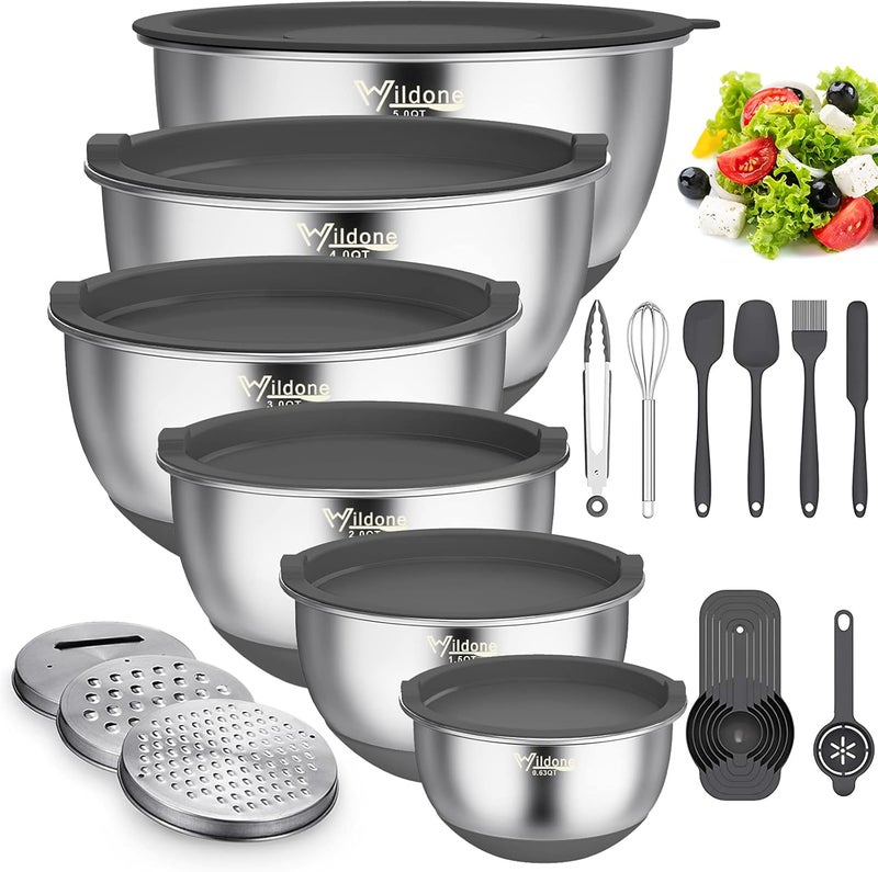 Wildone Mixing Bowls with Airtight Lids, 22 PCS Stainless Steel Mixing Bowls Set, 3 Grater Attachments, Measurement Marks & Non-Slip Bottom, Size 5, 4, 3, 2,1.5, 0.63QT, Ideal for Mixing & Prepping - Image 1