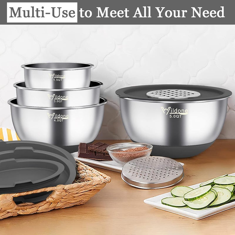 Wildone Mixing Bowls with Airtight Lids, 22 PCS Stainless Steel Mixing Bowls Set, 3 Grater Attachments, Measurement Marks & Non-Slip Bottom, Size 5, 4, 3, 2,1.5, 0.63QT, Ideal for Mixing & Prepping - Image 5