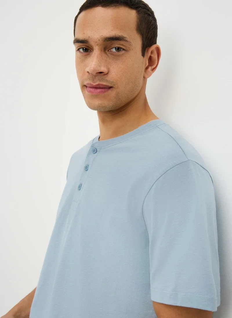 ماتلان Blue Grandad Collar T-Shirt