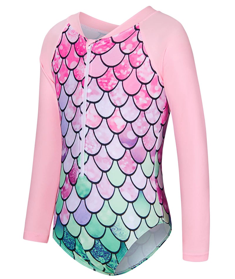 uideazone Girls Long Sleeve Mermaid Zipper One Piece Swimsuit Rashguard with UPF 50+ Sun Protection 5-6 Years, Mermaid-Pink - Image 1