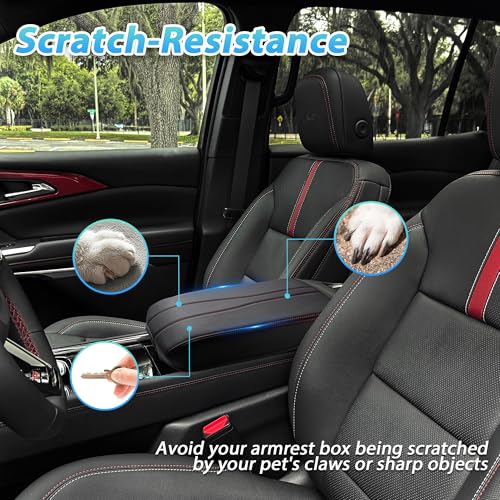 Sinminou Center Console Armrest Cover Compatible with 2024-2026 Chevy Traverse/2024-2026 GMC Acadia/2025-2026 Buick Enclave Interior Accessories, Leather Middle Console Lid Pad Protector （Red Lines） - Image 4