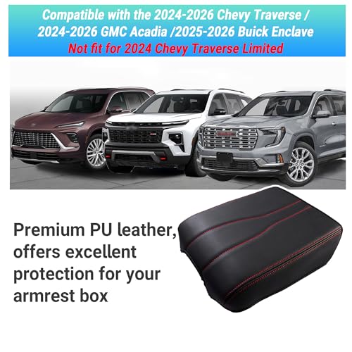 Sinminou Center Console Armrest Cover Compatible with 2024-2026 Chevy Traverse/2024-2026 GMC Acadia/2025-2026 Buick Enclave Interior Accessories, Leather Middle Console Lid Pad Protector （Red Lines） - Image 2