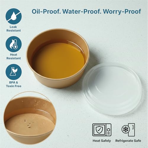 Kaagat® Disposable Round Paper Bowl with Lids | Food Takeout Containers for Hot/Cold Foods, Soup, Salad, Dessert, Pasta, Noodles | Microwavable, Leak-Proof Food Storage Containers- 750 ml, 25 Pack - Image 4