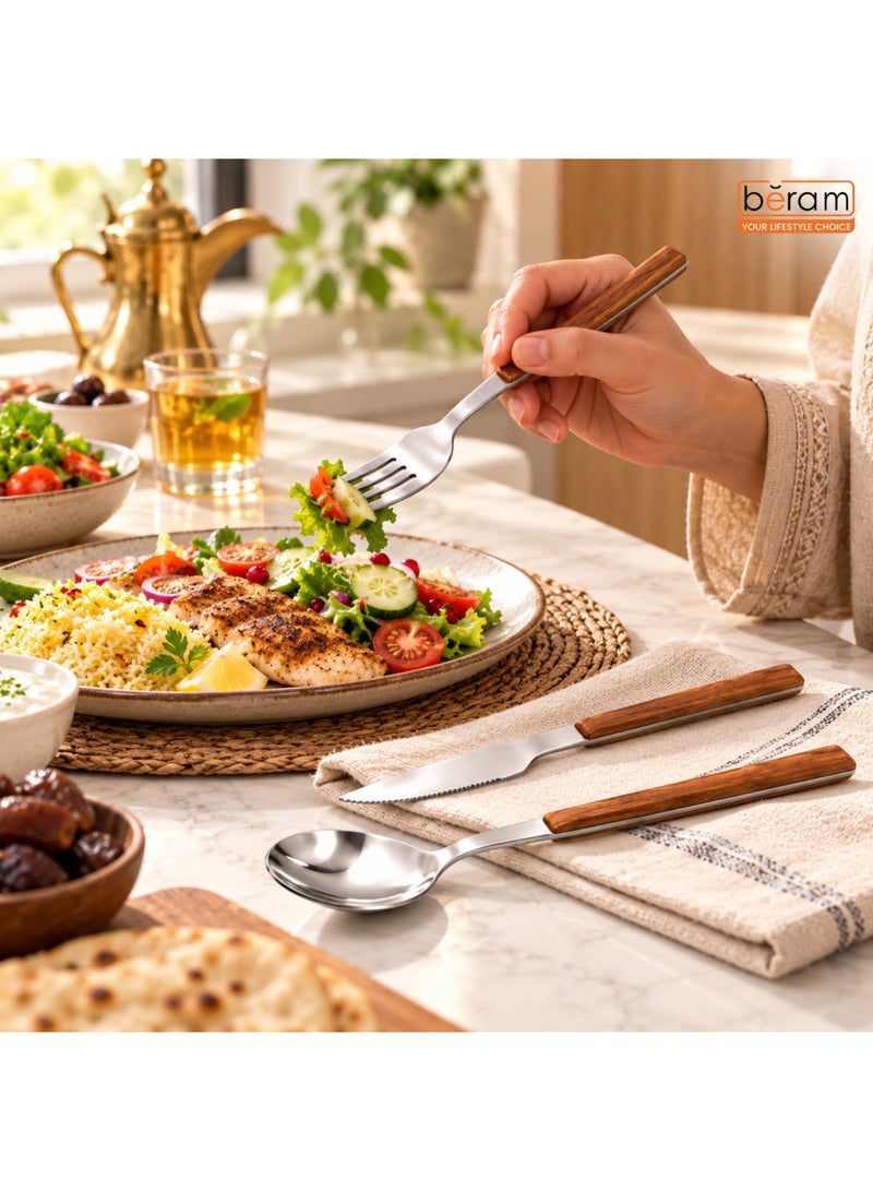 بيرام طقم أدوات مائدة بِرام سيلفر وور إنسامبل المكوّن من 4 قطع – أدوات مائدة من الستانلس ستيل مع مقابض خشبية – أدوات مائدة مختلطة للاستخدام اليومي وتزيين المائدة - Image 3