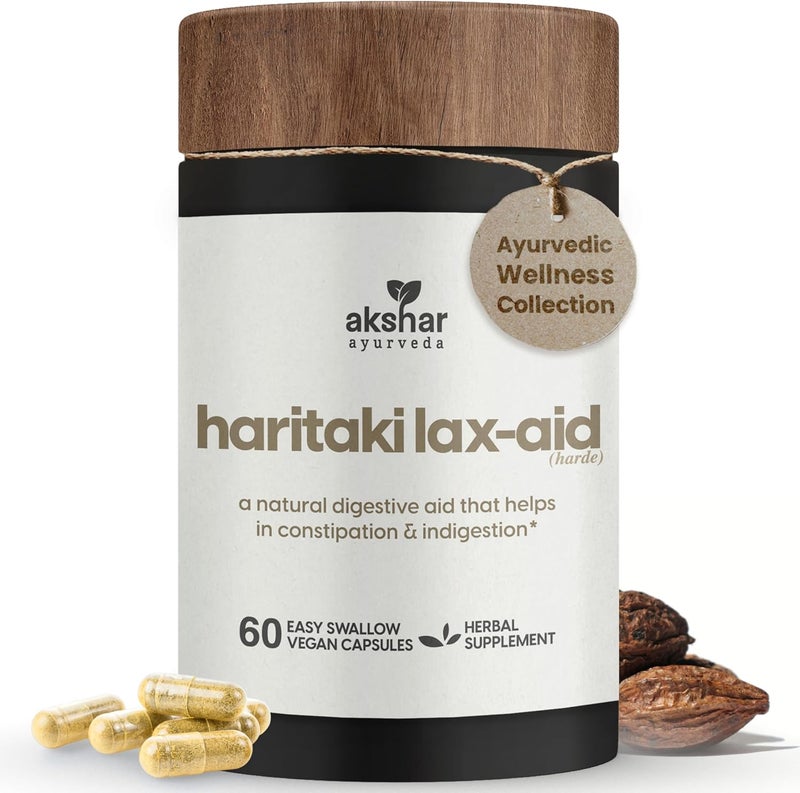 AKSHAR Ayurveda  Haritaki Lax Aid Capsules for Natural Constipation Relief  Indigestion Support  Plant Based Digestive Aid for Regularity  Gentle Rejuvenation  Vegan Cruelty Free 60 Count - Image 1