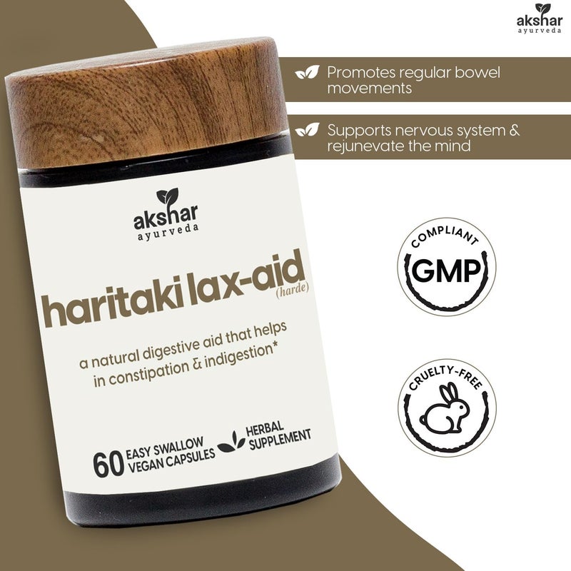 AKSHAR Ayurveda  Haritaki Lax Aid Capsules for Natural Constipation Relief  Indigestion Support  Plant Based Digestive Aid for Regularity  Gentle Rejuvenation  Vegan Cruelty Free 60 Count - Image 2