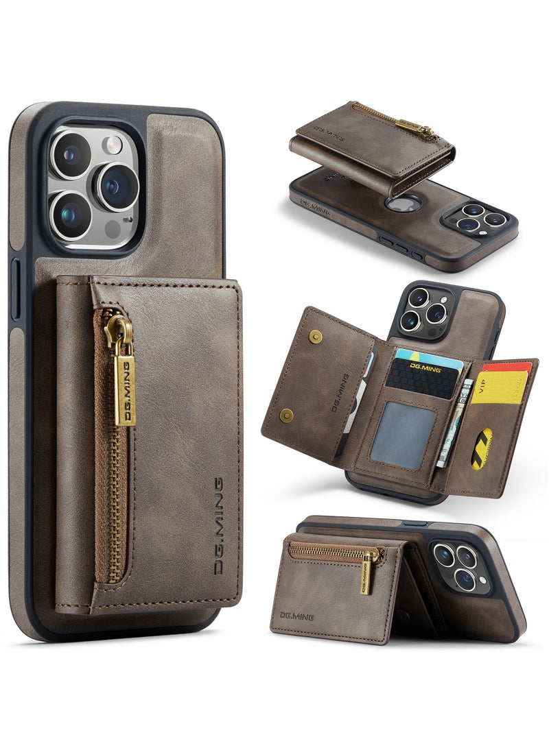 DGMING CaseMe Wallet Case for iPhone 15 Pro DGMING Premium Leather Phone Case Back Cover Magnetic Detachable with Trifold Wallet Card Holder Pocket - Coffee - Image 1
