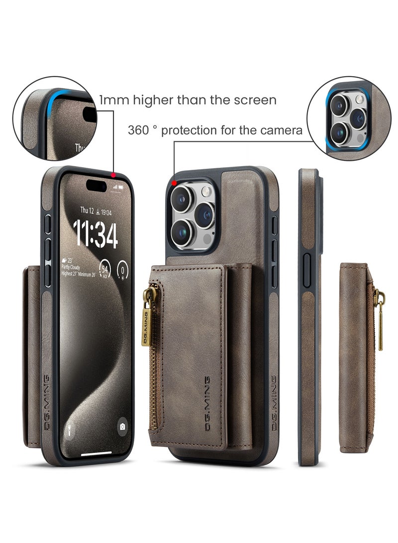DGMING CaseMe Wallet Case for iPhone 15 Pro DGMING Premium Leather Phone Case Back Cover Magnetic Detachable with Trifold Wallet Card Holder Pocket - Coffee - Image 4