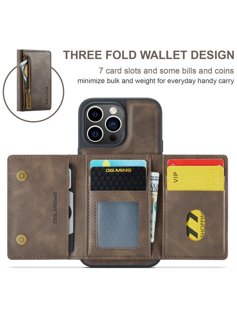 DGMING CaseMe Wallet Case for iPhone 15 Pro DGMING Premium Leather Phone Case Back Cover Magnetic Detachable with Trifold Wallet Card Holder Pocket - Coffee - Image 5