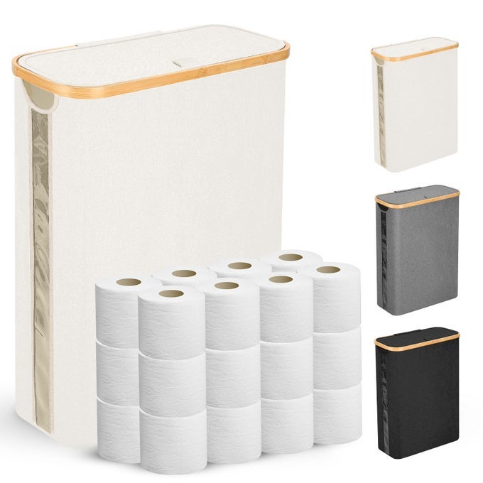LARGE TOILET PAPER STORAGE BASKET WITH LID SLIM TOILET PAPER ORGANIZER HOLD UP TO 20 REGULAR ROLLS OR 15 MEGA ROLLS BEIGE 49L