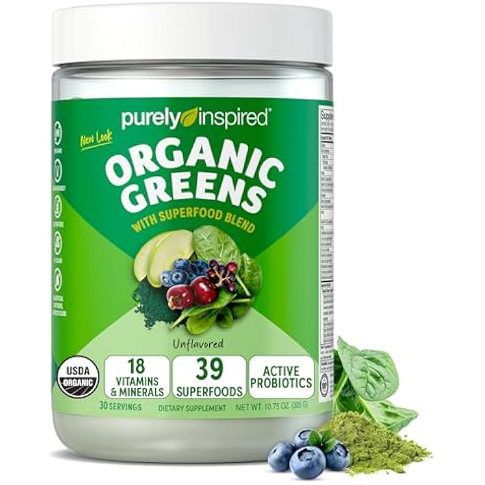 Purely Inspired Organic Greens Powder Superfood Smoothie Mix, Unflavored (30 Servings) - Super Greens with Probiotics, Spirulina & Chlorella for Gut & Digestive Health - Vegan - Image 1