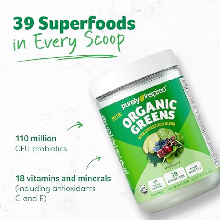 Purely Inspired Organic Greens Powder Superfood Smoothie Mix, Unflavored (30 Servings) - Super Greens with Probiotics, Spirulina & Chlorella for Gut & Digestive Health - Vegan - Image 2