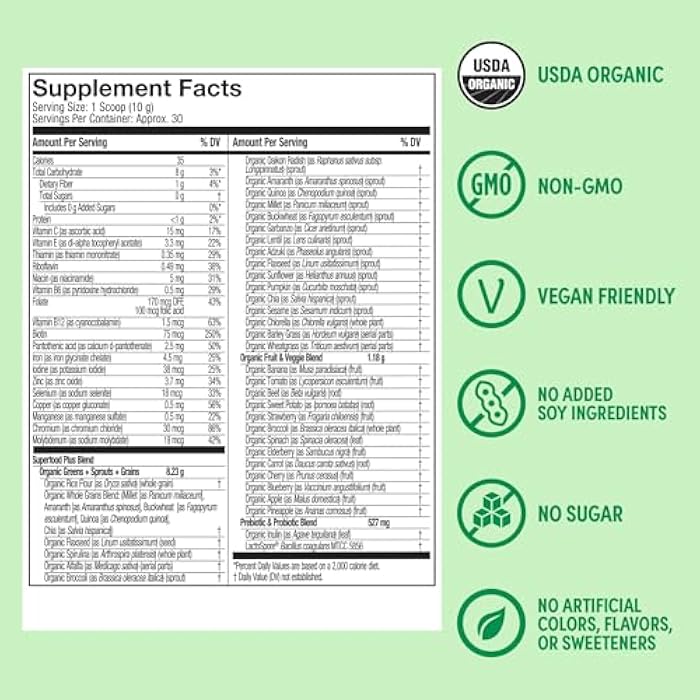 Purely Inspired Organic Greens Powder Superfood Smoothie Mix, Unflavored (30 Servings) - Super Greens with Probiotics, Spirulina & Chlorella for Gut & Digestive Health - Vegan - Image 4