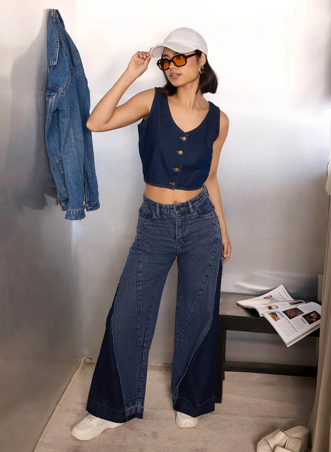 SASSAFRAS Sassafras Blue Denim Buttoned Crop Top