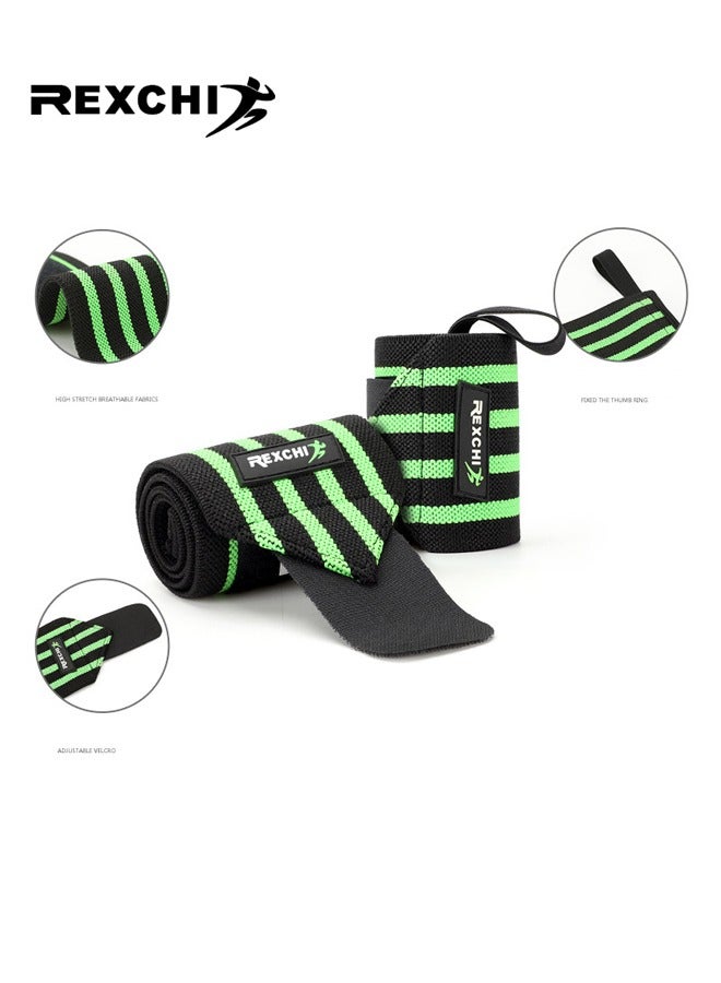 REXCHI 1Pair Fitness Wrist Wraps for Weightlifting, Premium Lifting Straps with Thumb Loops for Powerlifting, Bodybuilding & Weight Lifting & Strength Training, Compression Gym Wrist Support for Men & Women, Black/Green - Image 2
