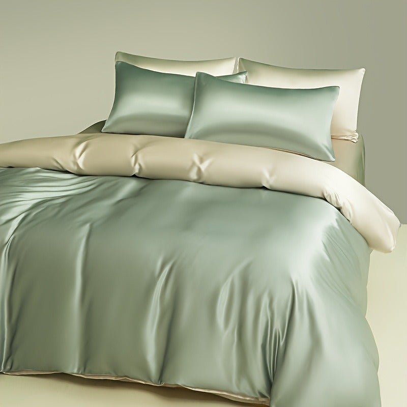 3-Piece Solid-Color Luxury Two-Tone Ice Silk Duvet Cover Set — 100% Ultra-Soft Microfiber; Cooling & Breathable; Features 8 Corner Ties; Machine Washable at 60°C; Ideal for Hotels, Bedrooms, and Dormitories (Duvet Insert and Pillow Inserts Not - Image 2