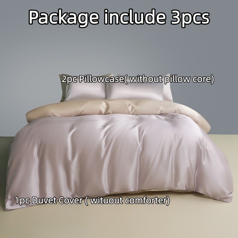 3-Piece Solid-Color Luxury Two-Tone Ice Silk Duvet Cover Set — 100% Ultra-Soft Microfiber; Cooling & Breathable; Features 8 Corner Ties; Machine Washable at 60°C; Ideal for Hotels, Bedrooms, and Dormitories (Duvet Insert and Pillow Inserts Not - Image 1