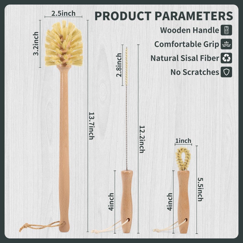 DEBETOOL Natural Bottle Brush Set 3-in-1-13.7 Inch Long Handle Wooden Bottle Brush for Cleaning, Water Bottle Cleaner Brush for Cups & Wide Mouth Jars - Image 2