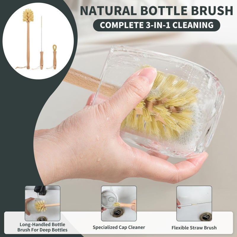 DEBETOOL Natural Bottle Brush Set 3-in-1-13.7 Inch Long Handle Wooden Bottle Brush for Cleaning, Water Bottle Cleaner Brush for Cups & Wide Mouth Jars - Image 3