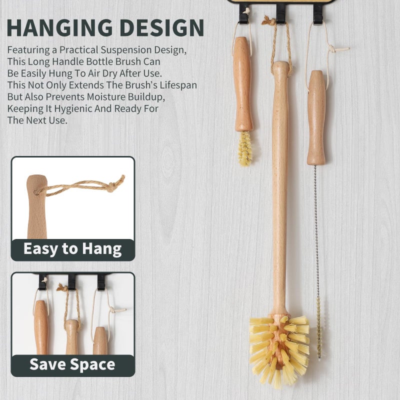 DEBETOOL Natural Bottle Brush Set 3-in-1-13.7 Inch Long Handle Wooden Bottle Brush for Cleaning, Water Bottle Cleaner Brush for Cups & Wide Mouth Jars - Image 4