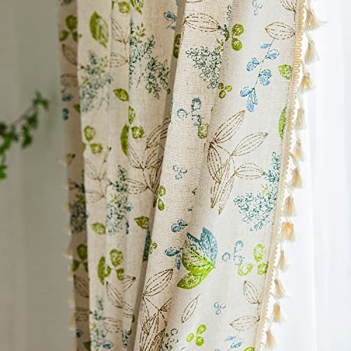 ENJOYBRIDAL ستائر ENJOYBRIDAL Leaf بطول 63 بوصة، لوحين، مع شرابات، بوهيمية، نصف شفافة، للغرفة النوم والمعيشة، مزرعة، زهرية، قصيرة، ريفية، مع جيب للقضيب، مزيج من القطن والكتان - Image 1