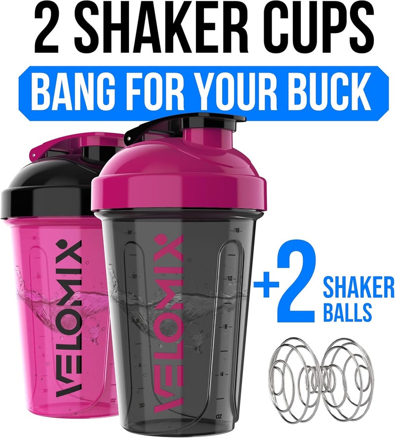 VELOMIX -2 Pack- 20 oz Protein Shaker Bottles for Protein Mixes - 2x Wire Whisk | Leak Proof Shaker Cups for Protein Shakes and Pre Workout | Protein Shaker Bottle Pack (95) Black/Pink - Image 2