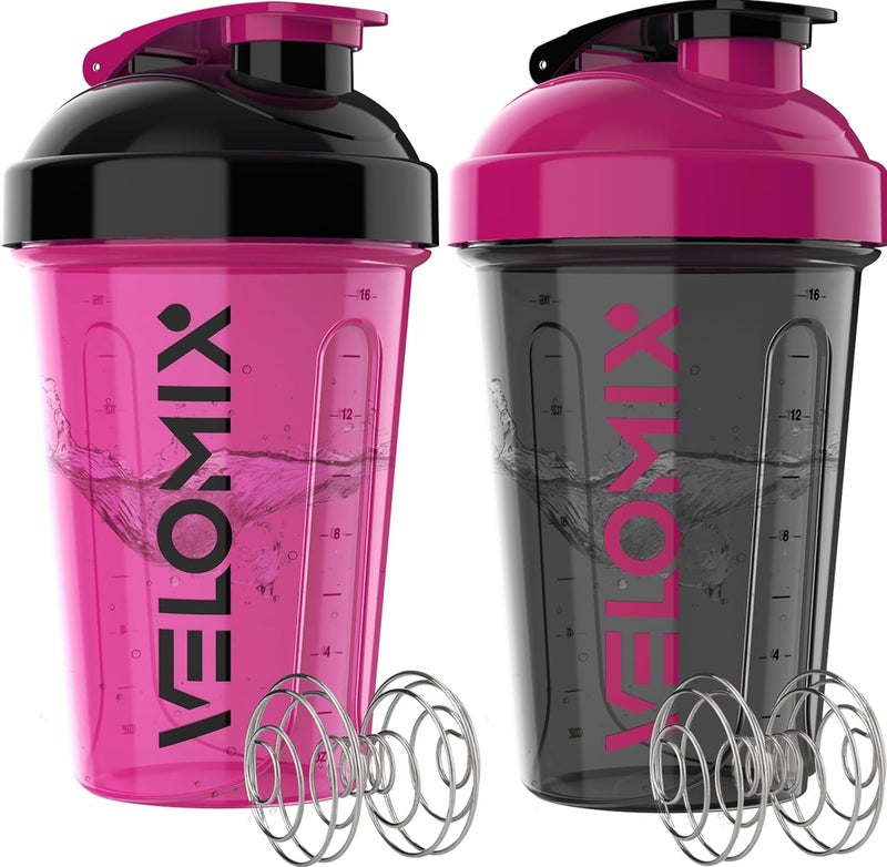 VELOMIX -2 Pack- 20 oz Protein Shaker Bottles for Protein Mixes - 2x Wire Whisk | Leak Proof Shaker Cups for Protein Shakes and Pre Workout | Protein Shaker Bottle Pack (95) Black/Pink - Image 1