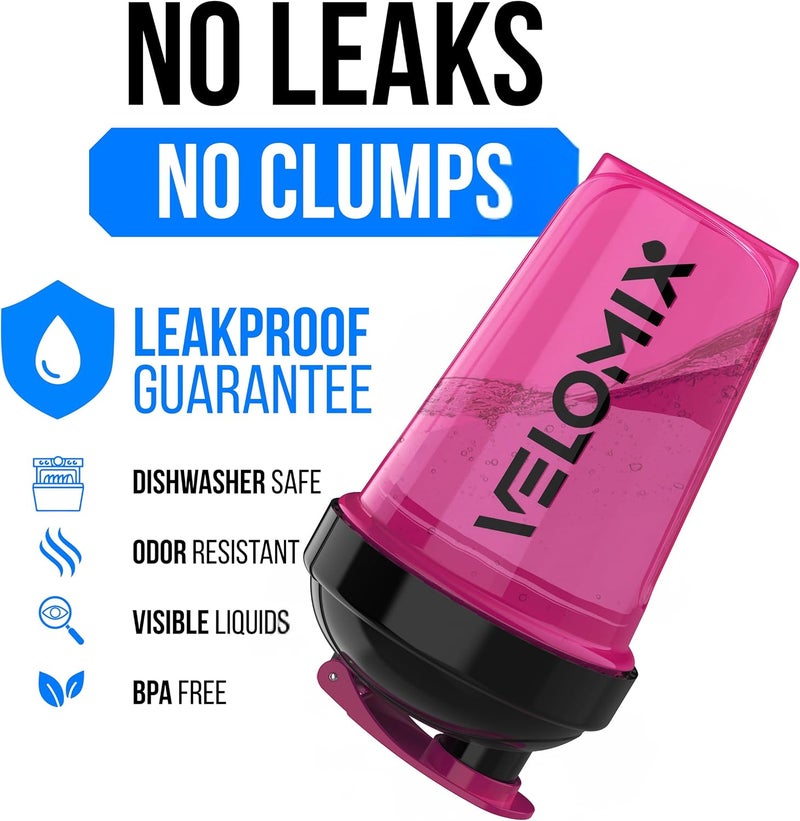 VELOMIX -2 Pack- 20 oz Protein Shaker Bottles for Protein Mixes - 2x Wire Whisk | Leak Proof Shaker Cups for Protein Shakes and Pre Workout | Protein Shaker Bottle Pack (95) Black/Pink - Image 3