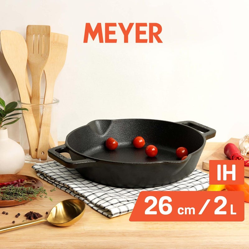 MEYER Meyer Pre Seasoned Cast Iron Skillet | Fry Pan | Iron Pan | Cast Iron Cookware| Cast Iron Frying Pan with 2 Side Handles | Gas and Induction Compatible, 26cm/ 2 litres, Black  - Image 3