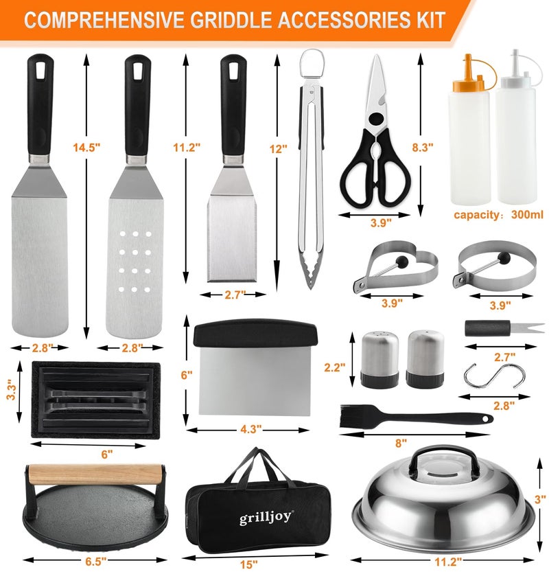 grilljoy Professional Griddle Accessories Kit Set with Smash Burger Press - Extra Thick Grill Spatula, Turner, Flipper - 38PCS Flat Top Grill Tools Kit for Outdoor Barbecue Teppanyaki Camping Cooking - Image 2