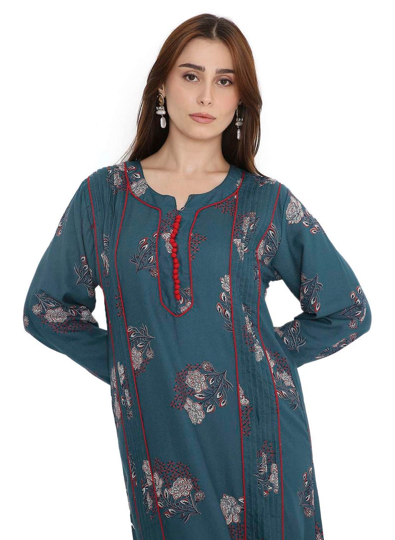 هانا آند سارا جلابية عربية نسائية فضفاضة بأكمام طويلة مطبوعة بالورود باللون الأزرق الفيروزي - Image 3