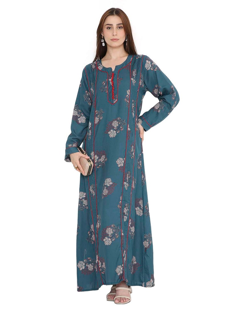 هانا آند سارا جلابية عربية نسائية فضفاضة بأكمام طويلة مطبوعة بالورود باللون الأزرق الفيروزي - Image 1