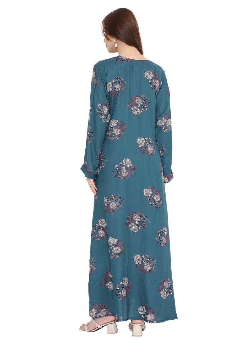 هانا آند سارا جلابية عربية نسائية فضفاضة بأكمام طويلة مطبوعة بالورود باللون الأزرق الفيروزي - Image 2