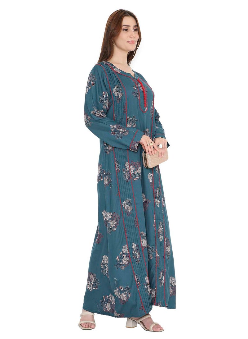 هانا آند سارا جلابية عربية نسائية فضفاضة بأكمام طويلة مطبوعة بالورود باللون الأزرق الفيروزي - Image 5