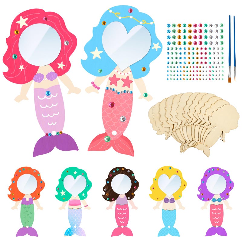 Fennoral 12 Pack Wooden Mirror Craft for Kids Make You Own Mermaid Mirror DIY to Paint Wooden Arts and Crafts for Grils Hand Mirror for Art Activities Project Birthday Gifts - Image 3