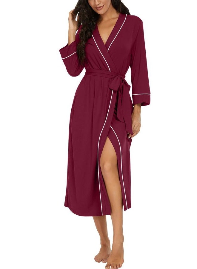 PrinStory Womens Robe Long Kint Bathrobe Lightweight Soft Robes Ladies Bath Robe Wine Red-M - Image 1