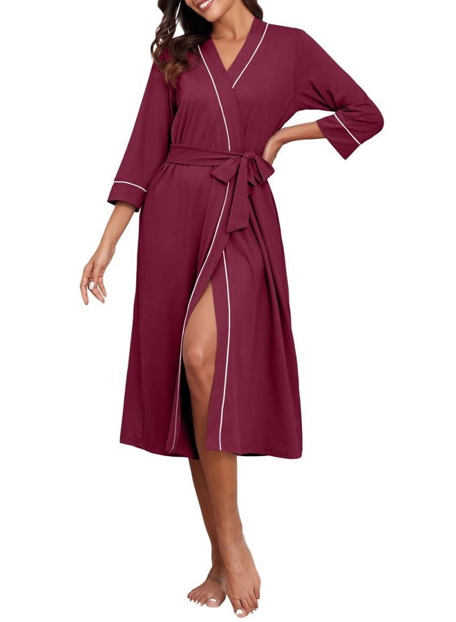 PrinStory Womens Robe Long Kint Bathrobe Lightweight Soft Robes Ladies Bath Robe Wine Red-M - Image 2